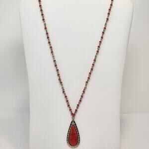 Chaps Faux Red Stone Teardrop Pendant Necklace Beaded Western Boho Casual